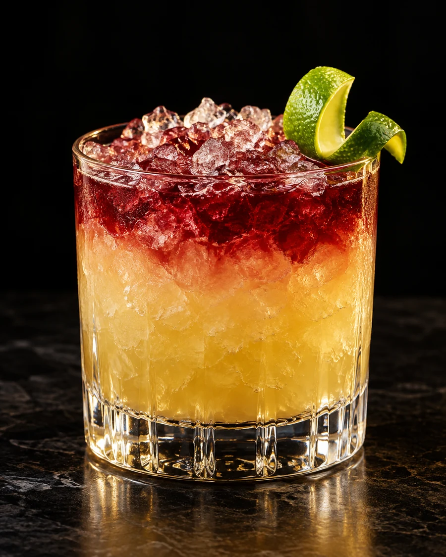 Carnival Time. Rocks glass, crushed ice, pale golden base topped with visibly separate red-wine float and lime twist.