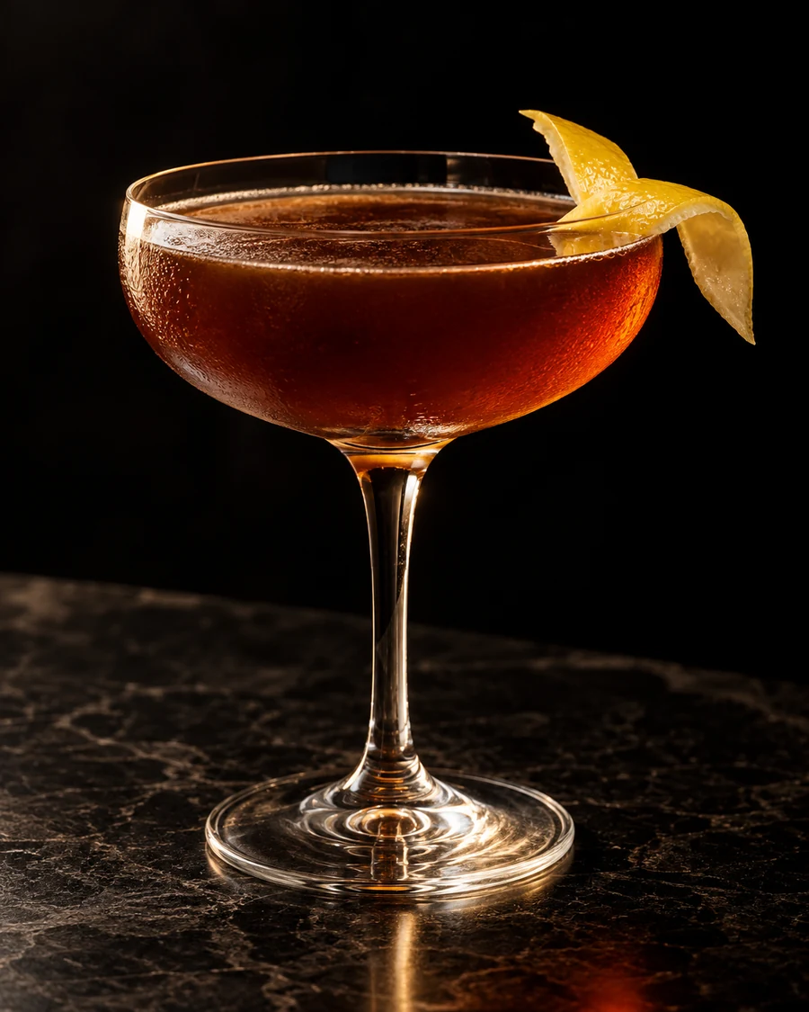 Carpe Vinum. Coupe glass with a deep amber-brown Cynar-vermouth drink, no ice and a curled lemon peel.