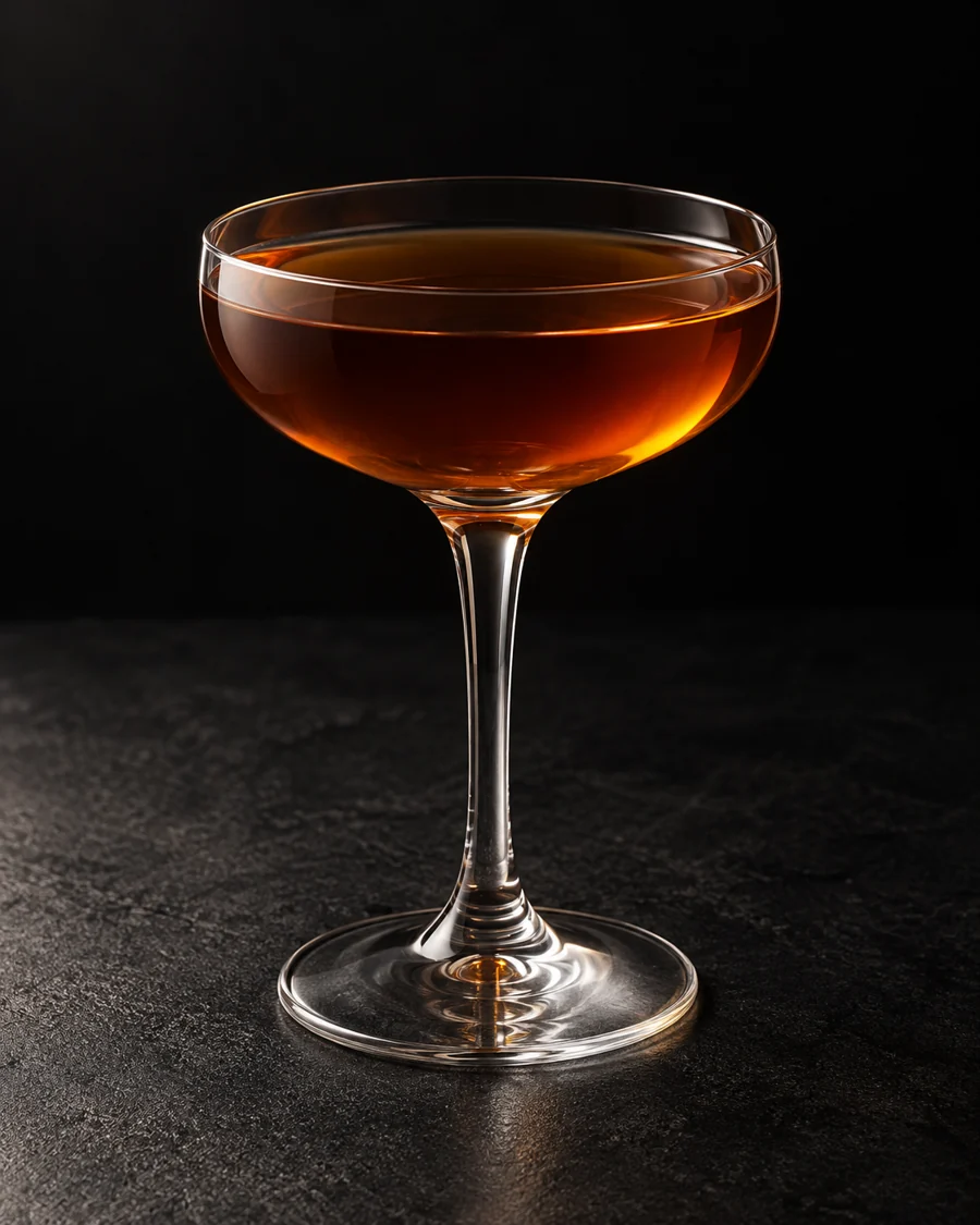 Clear dark amber-brown cocktail in a coupe without ice and no visible garnish.