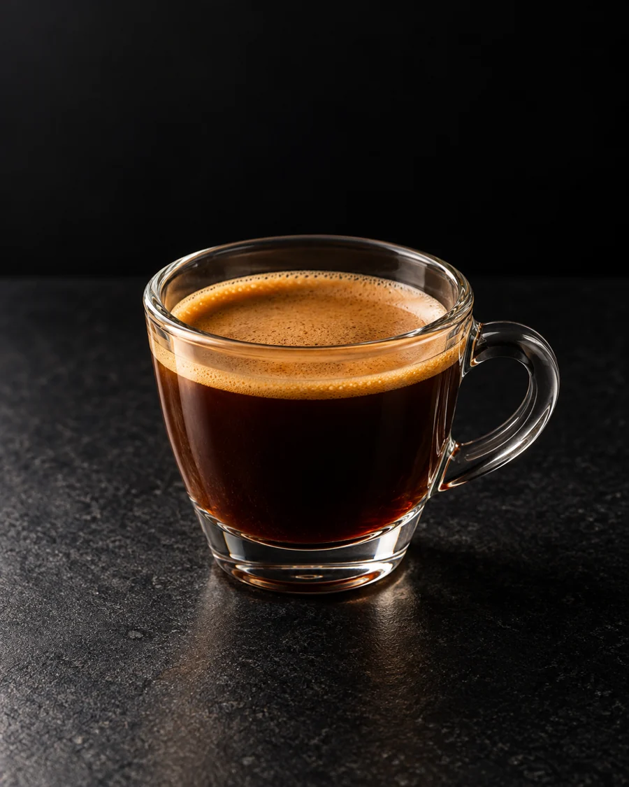 small dark brown Cascara in a heatproof espresso cup with a thin crema layer, no ice or garnish.