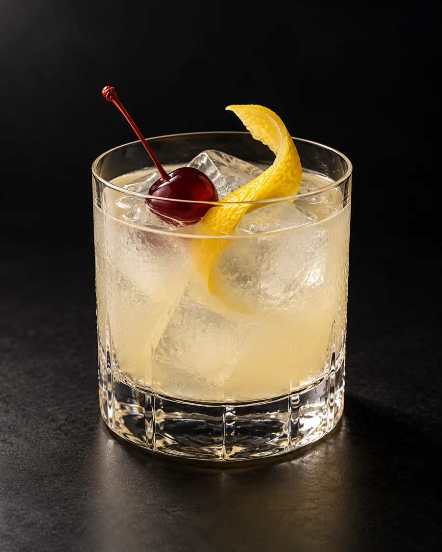 Casino served in a rocks glass with a lemon twist and cocktail cherry against a black background.