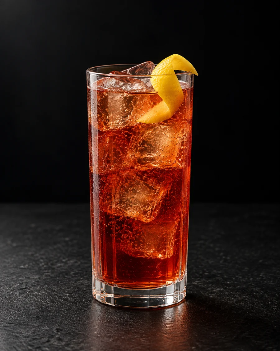 clear reddish amber Catalan Cocktail in a highball over ice with lemon twist.