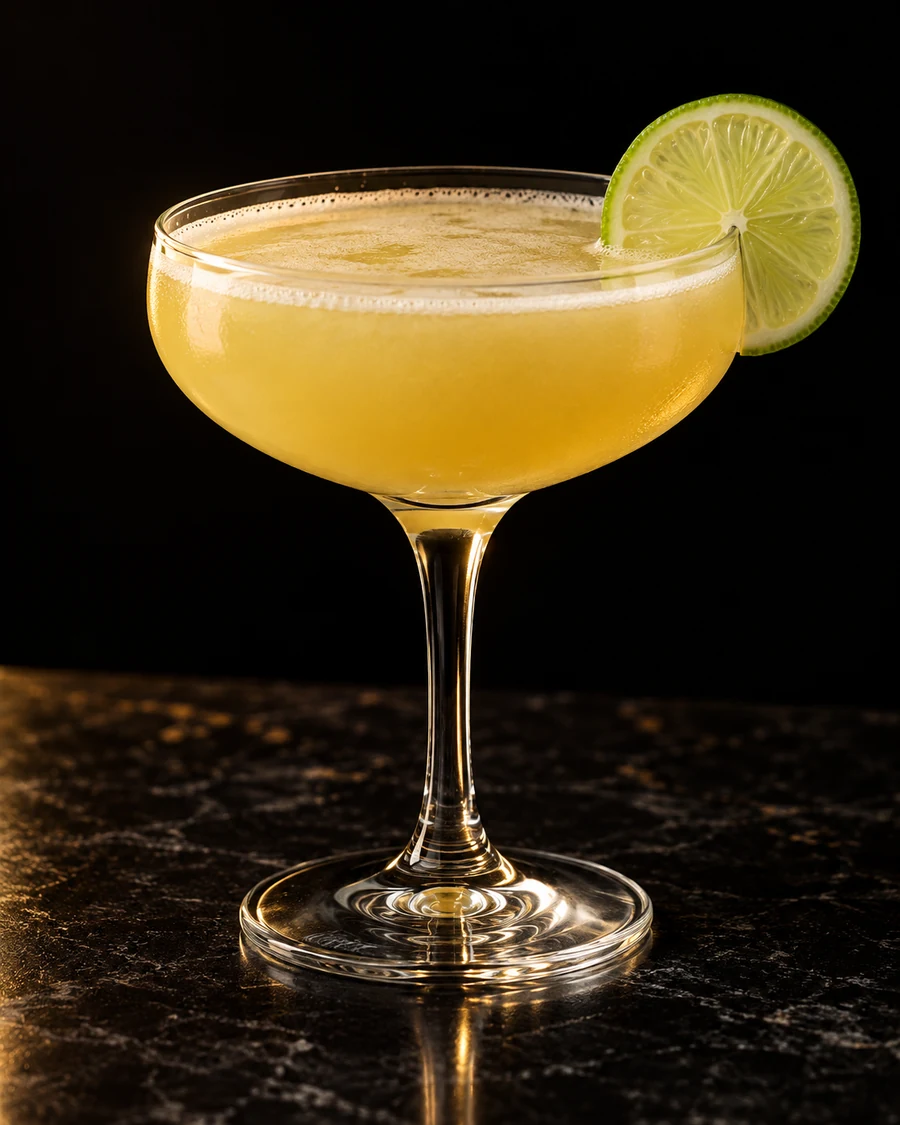 Catholic Guilt. Coupe without serving ice, golden pineapple-lime body with fine shake froth and lime wheel.