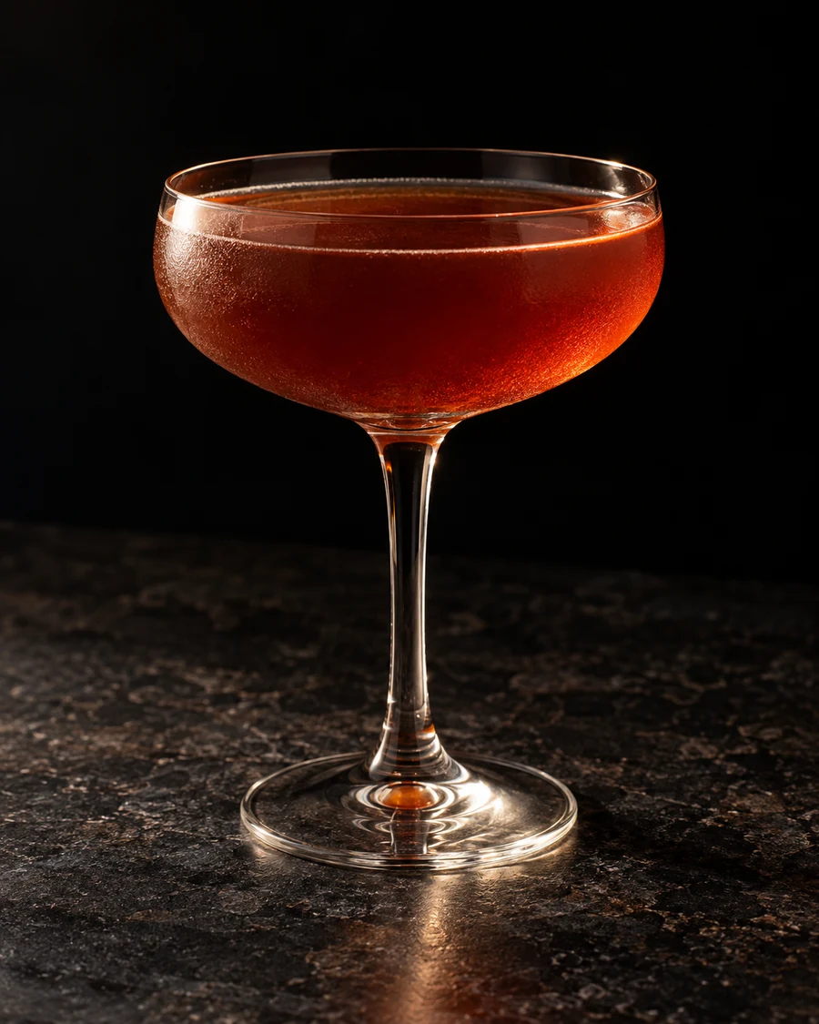 Caught In A Cabaret: Copper reddish shaken cocktail in intact coupe, no garnish and no ice.