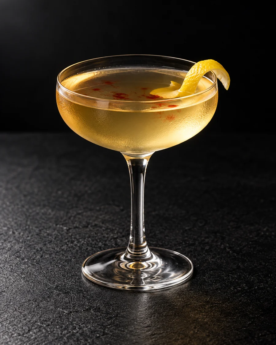 clear pale golden Cedar Fever in a coupe with small reddish bitters accents and lemon twist, no ice.