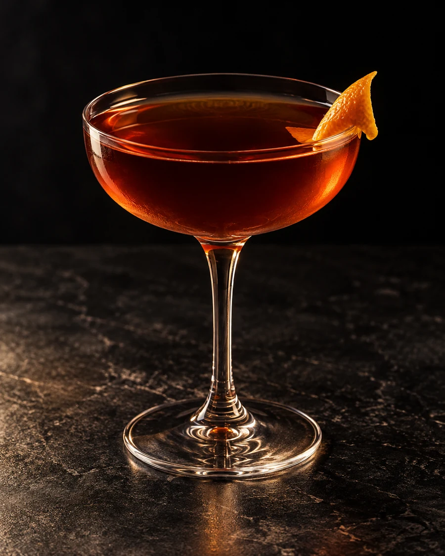 Chachita: Dark amber-red cocktail in a stemmed coupe with an orange twist, served without ice.