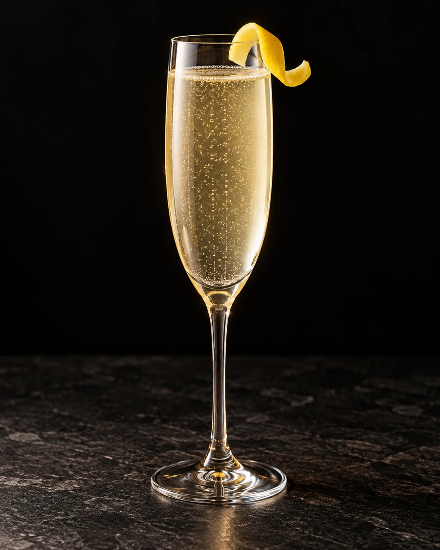 Champagne Antoine in a champagne flute, without ice, garnished with lemon twist, against a black background.