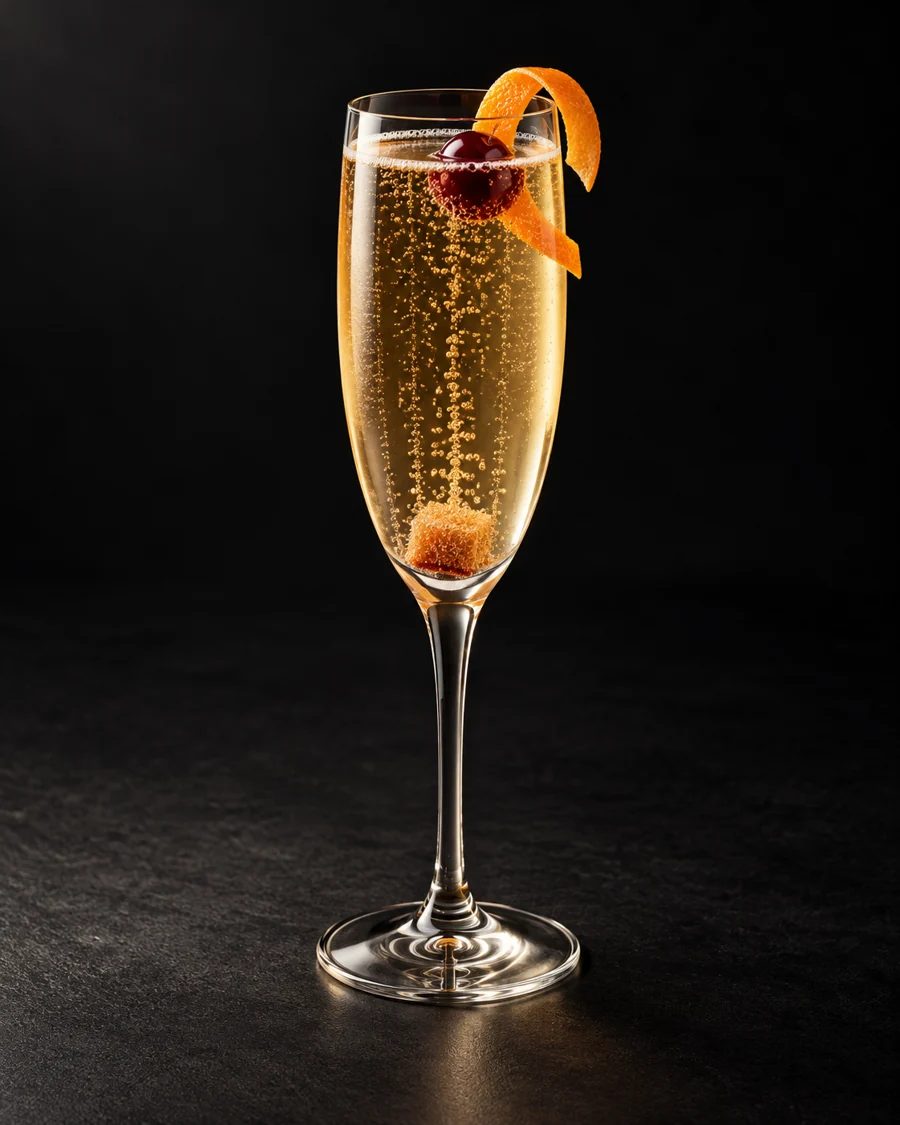 Champagne Cocktail served in a flute glass with an orange twist and cocktail cherry against a black background.