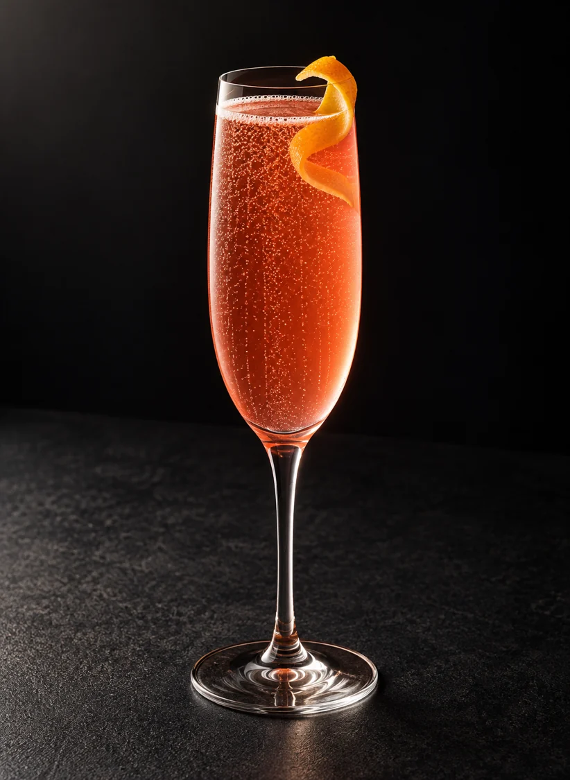 clear coral-pink Champagne Flamingo in a roomy flute with bubbles and orange twist, no ice.