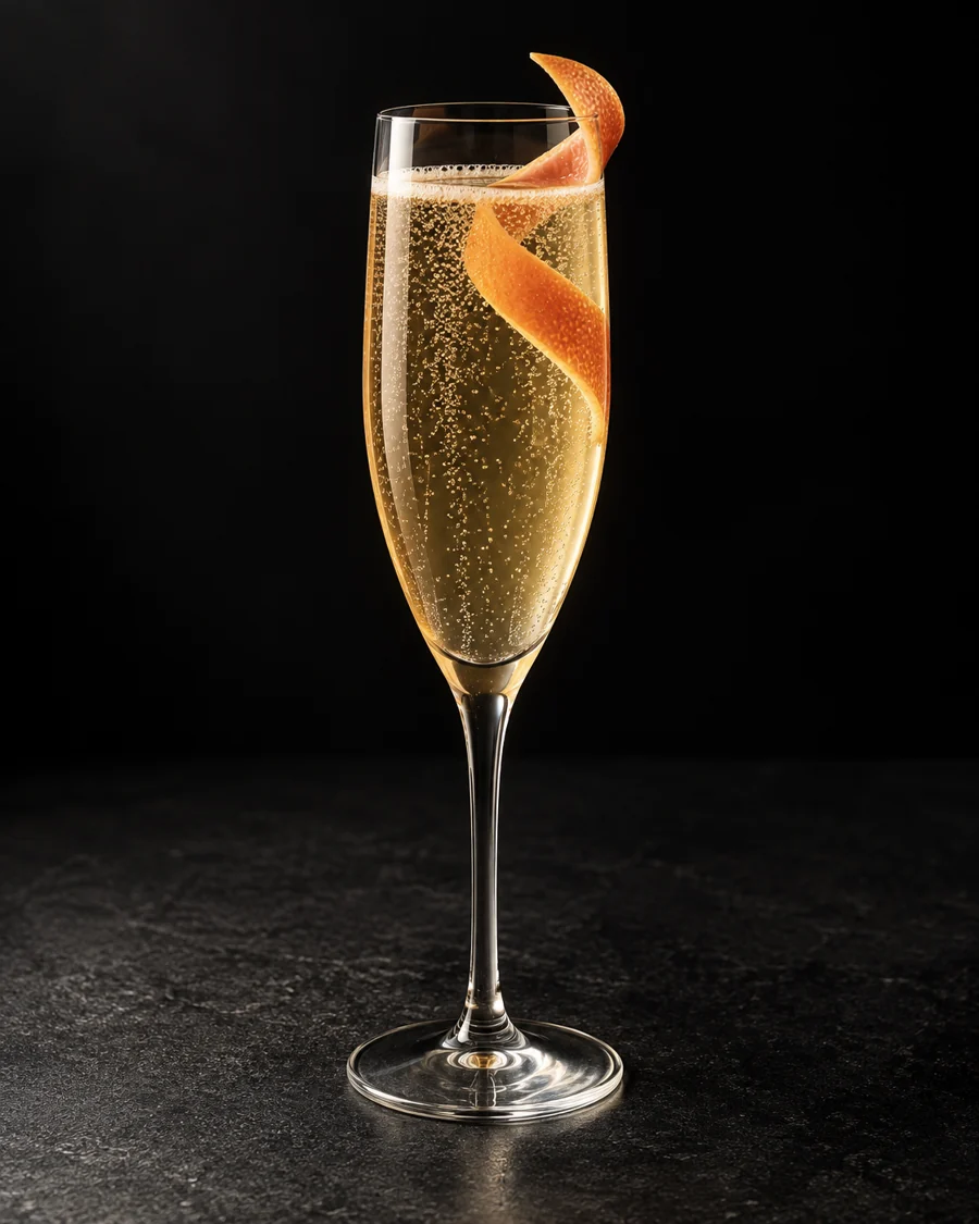 clear pale golden Champagne Supernova with fine bubbles in a flute and grapefruit twist, no ice.