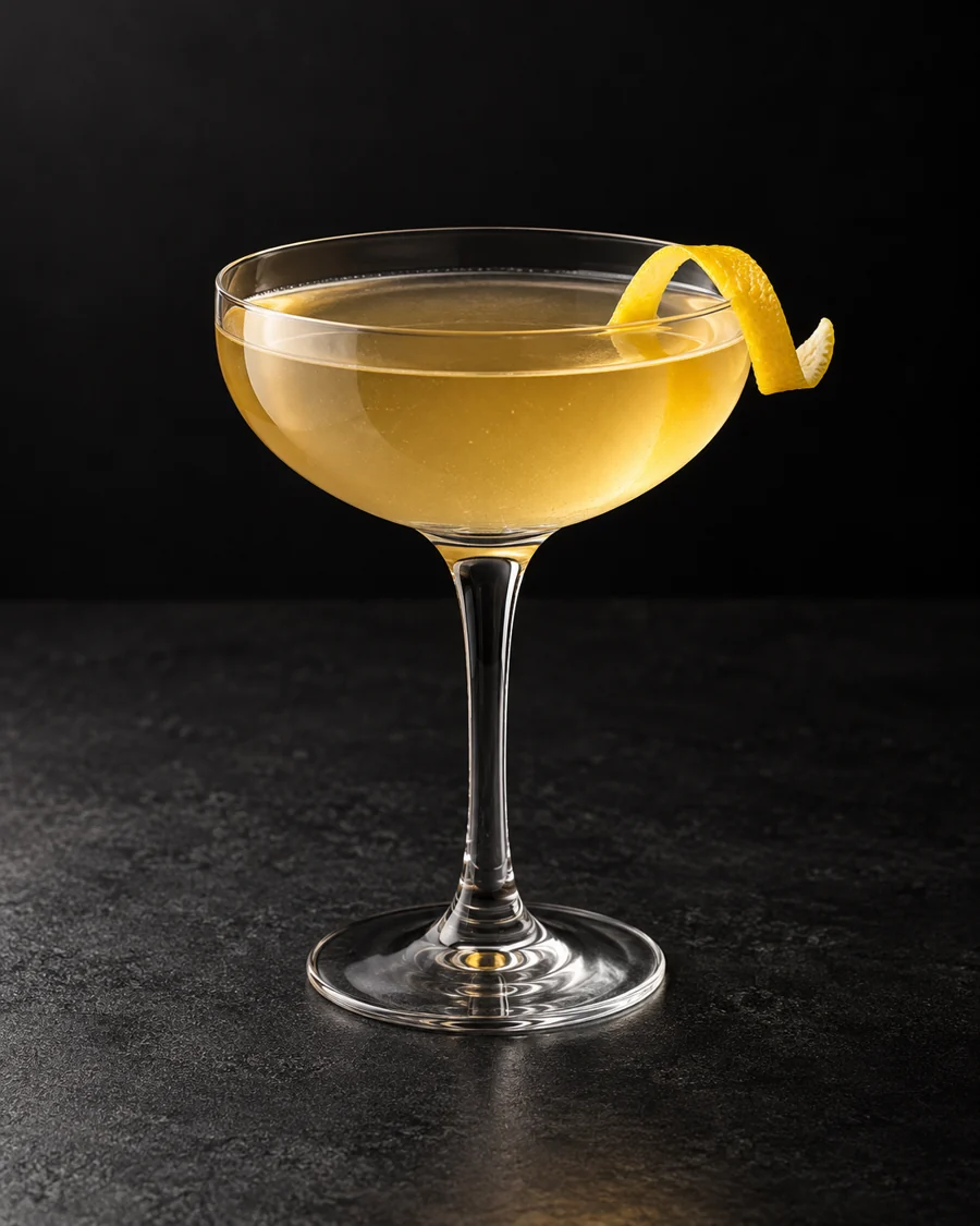 Light golden Champs Élysées in a coupe with lemon twist and no ice.