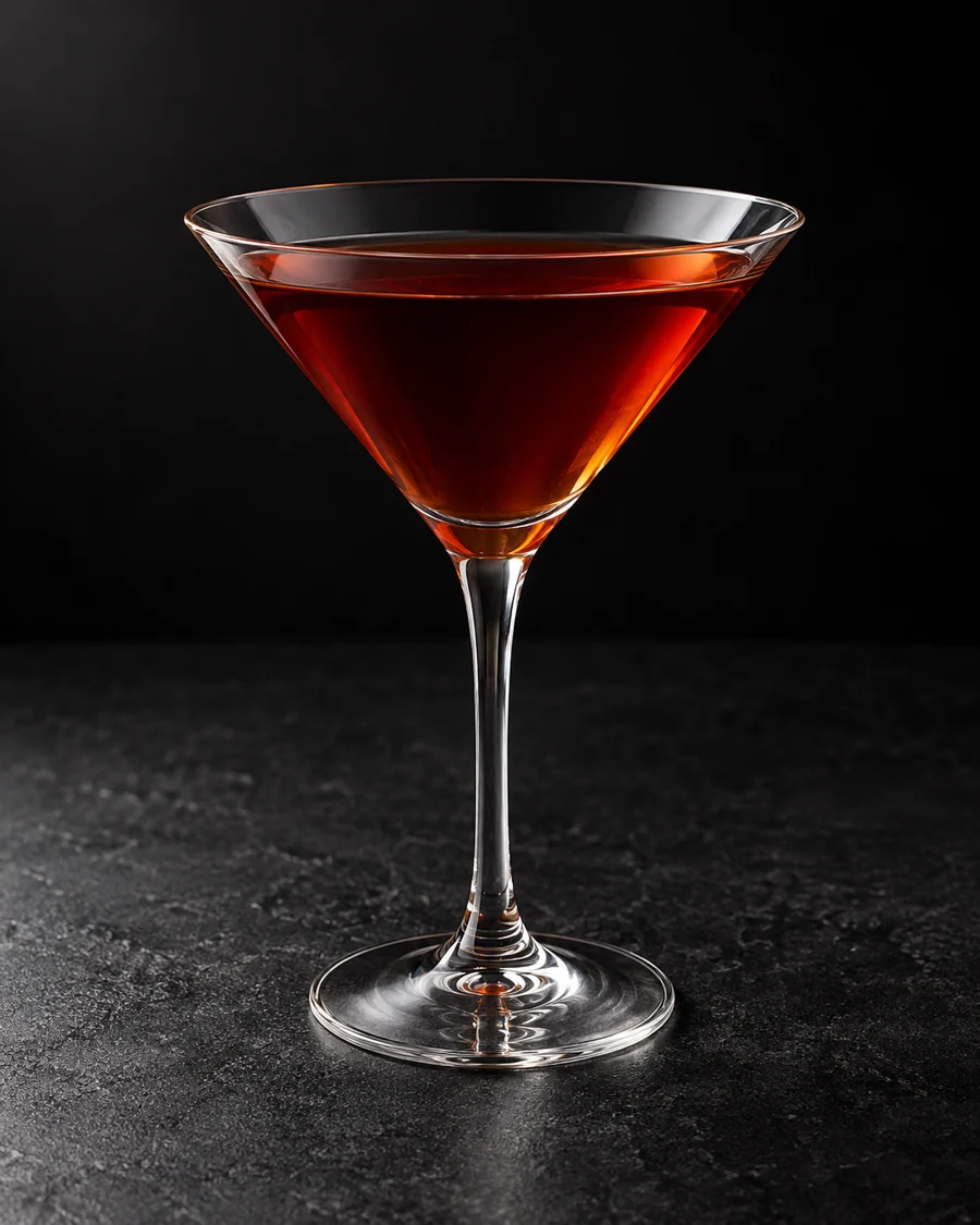 Clear dark ruby-amber cocktail in a martini glass without ice or garnish.