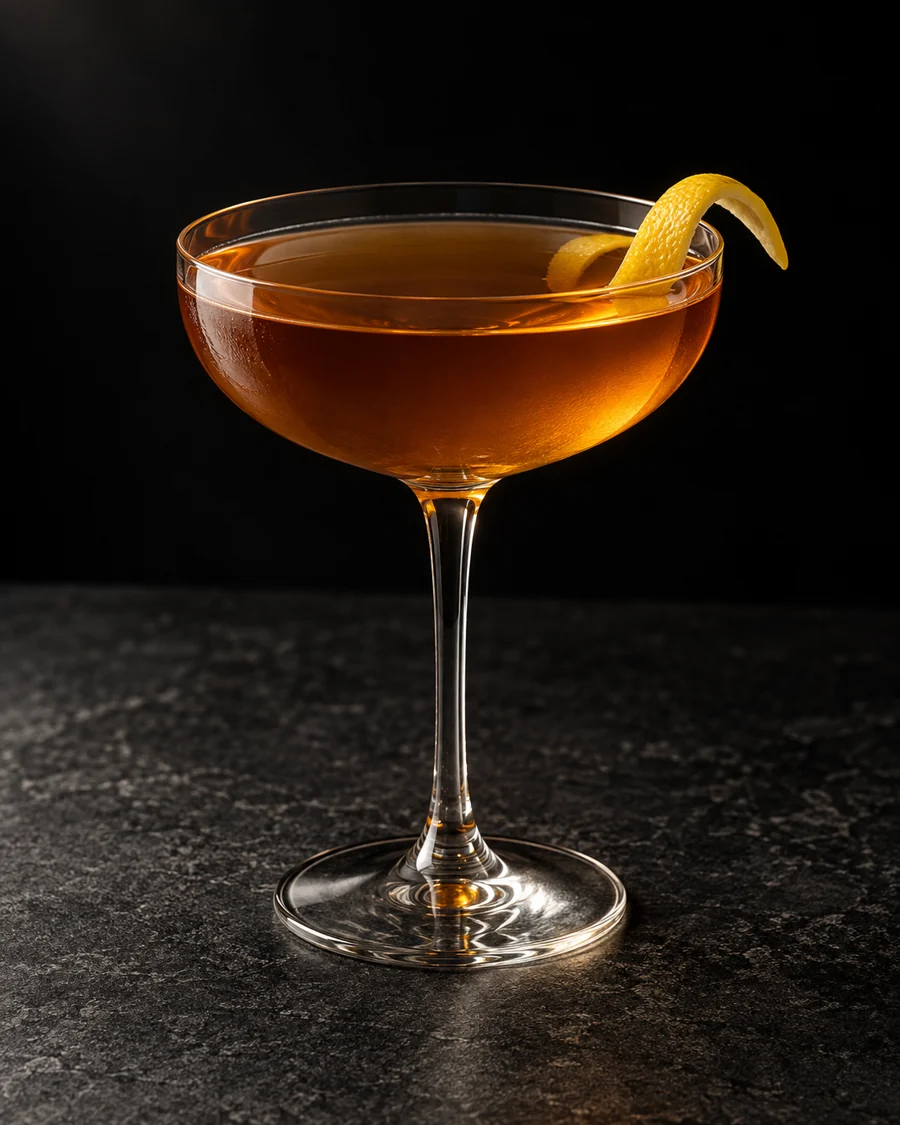 clear amber Chaplin in a coupe with lemon twist, no ice.