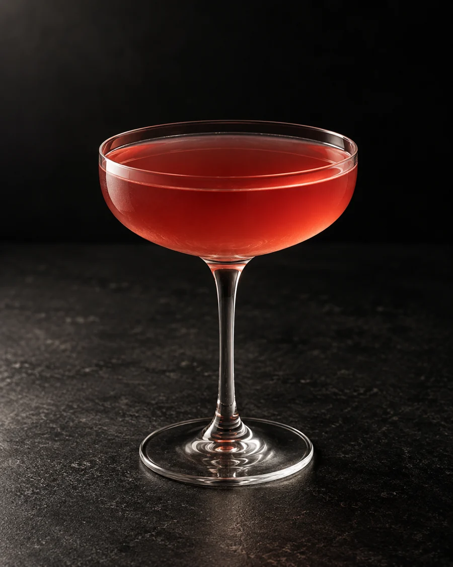 Dusky rose-red Charlie Chaplin in a small coupe without ice or garnish.