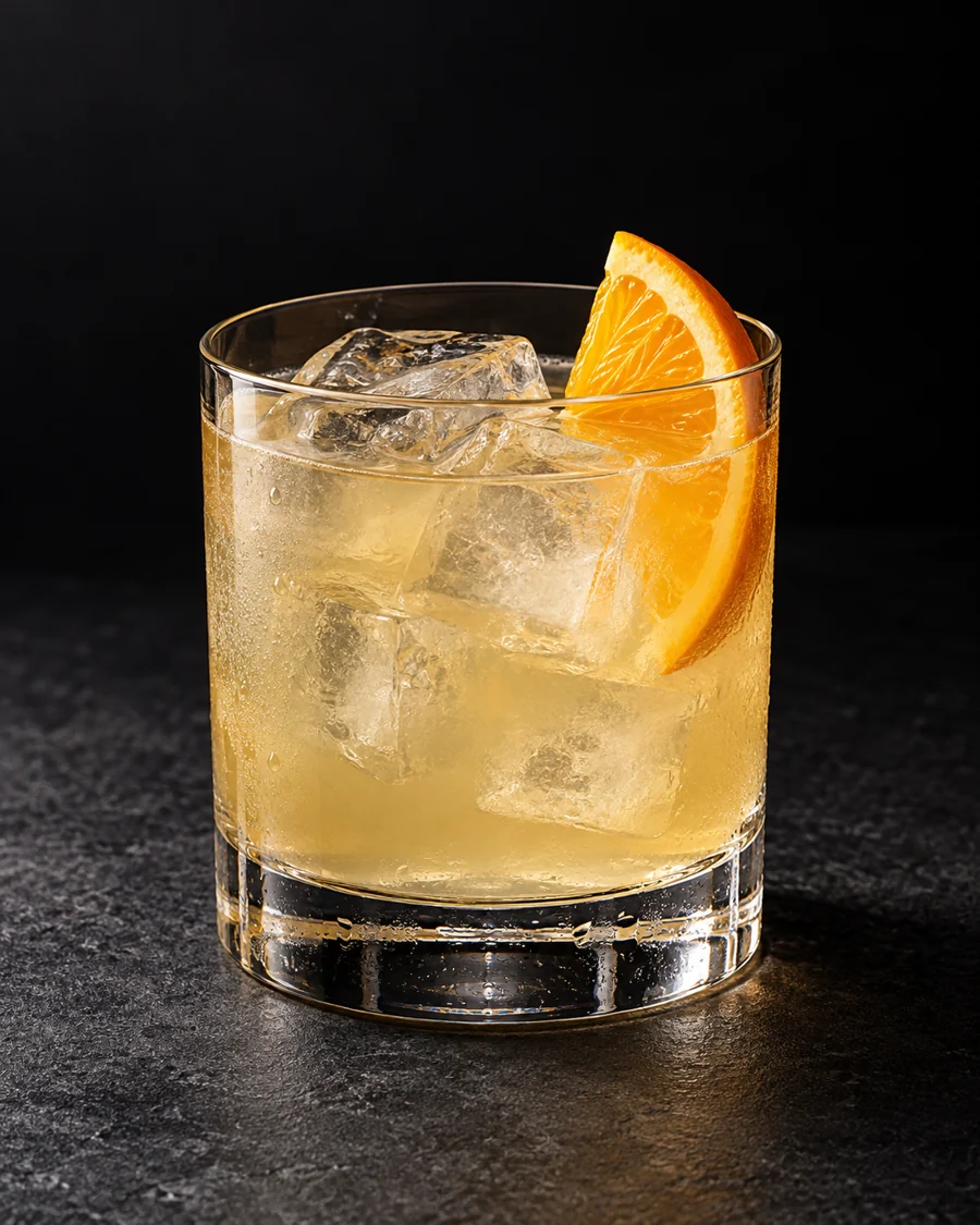 pale straw to lightly opalescent Charlotte Gainsbourg in a rocks glass over ice with orange slice.