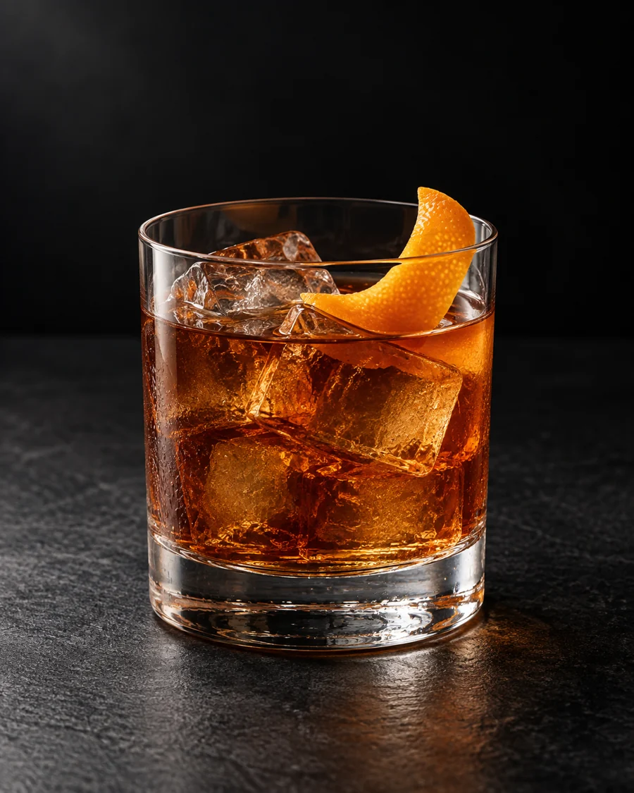 clear deep amber-brown Charming Man over ice in a rocks glass with orange twist.