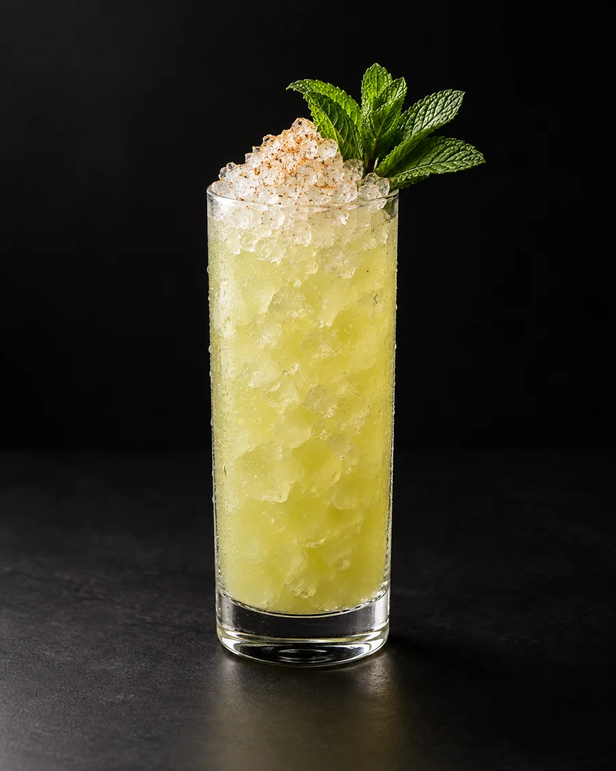 Chartreuse Swizzle served in a collins glass with a mint sprig and a small pinch of grated nutmeg against a black background.