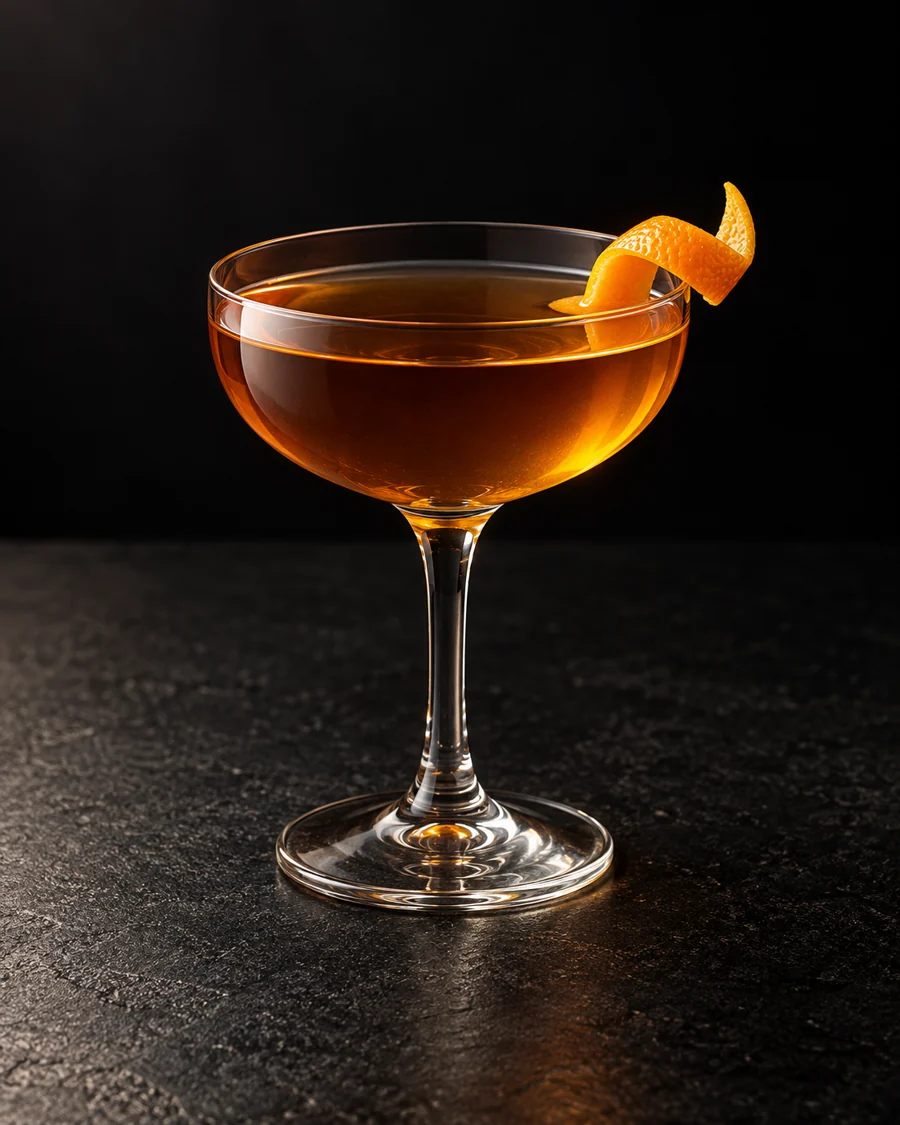 clear amber Chas in a small coupe with orange twist, no ice.