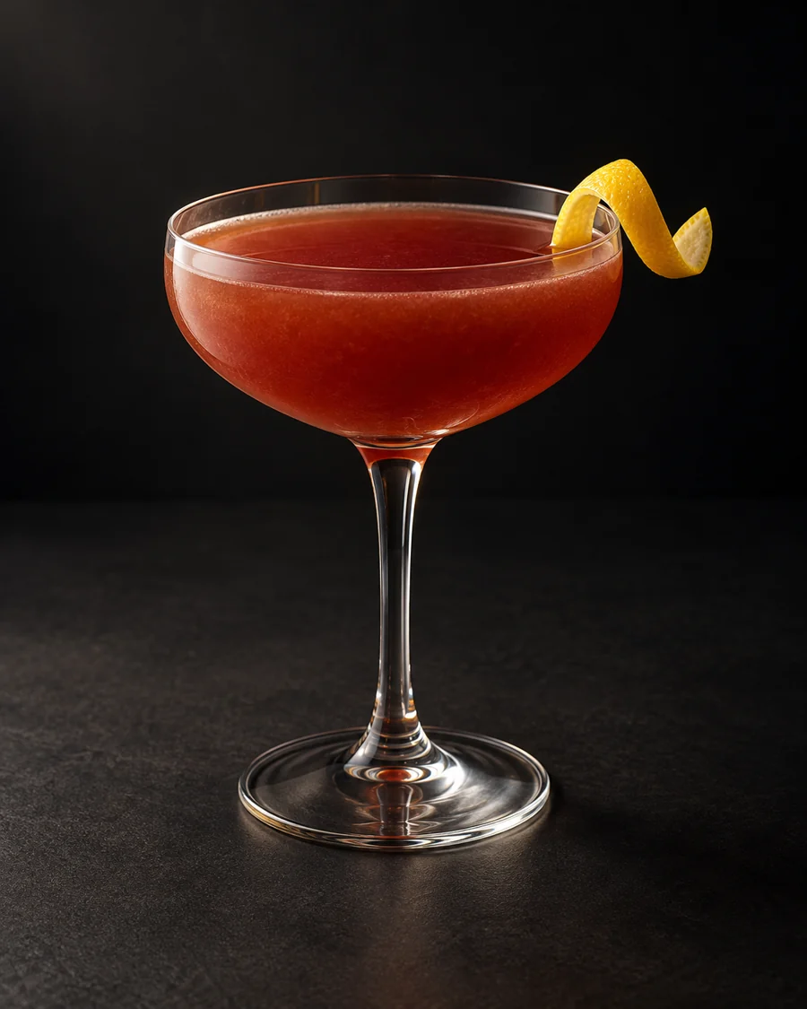 Cherry Rooibos Sour served in a coupe glass with a lemon twist against a black background.