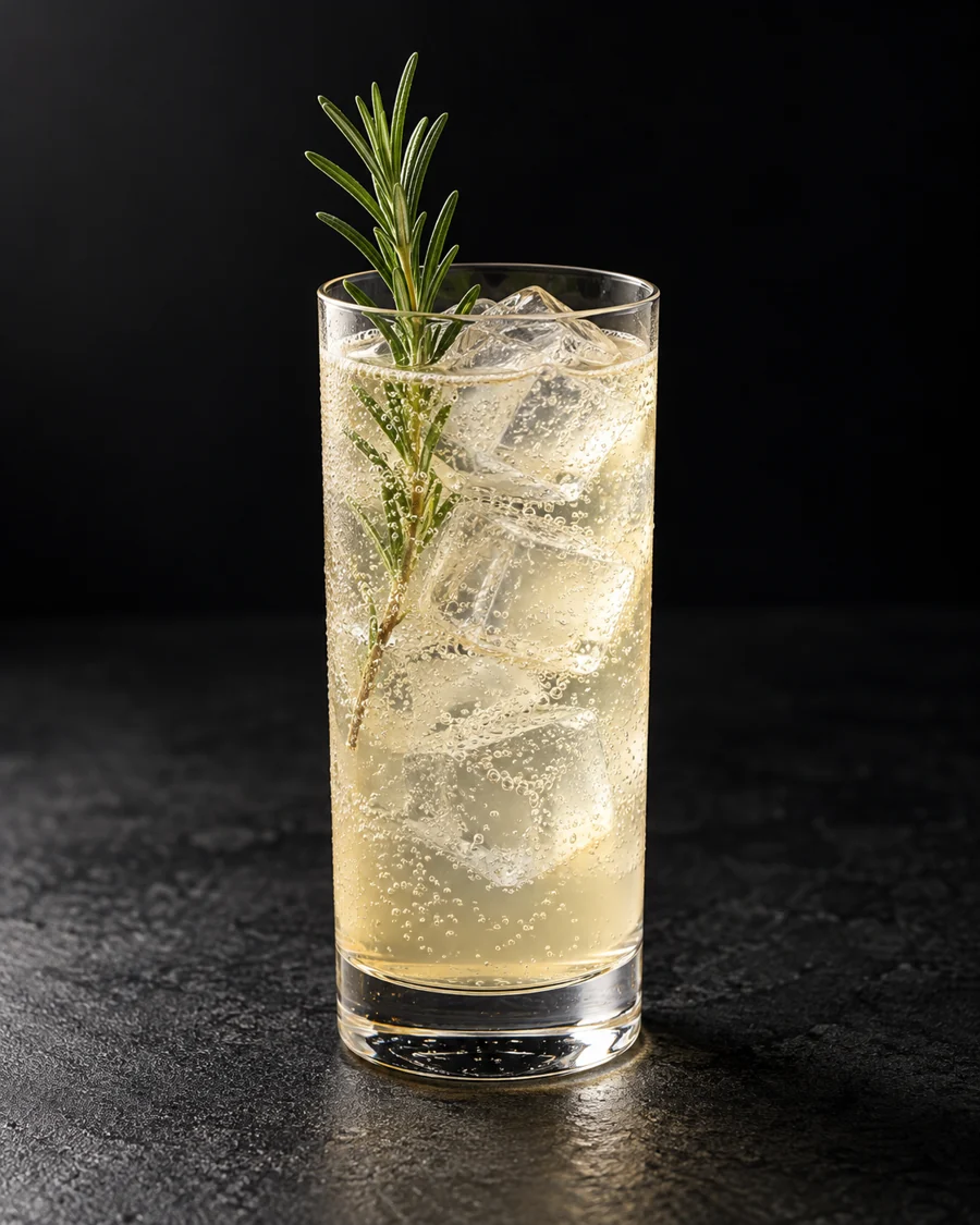 Pale straw Chilcano in a highball with ice cubes, bubbles and one rosemary sprig.