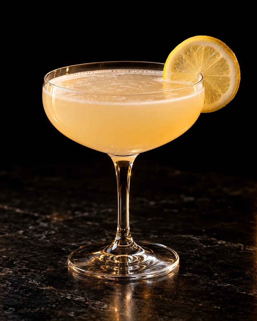 Chill Passage. Coupe without serving ice, cloudy pale peach-gold citrus body and lemon wheel.