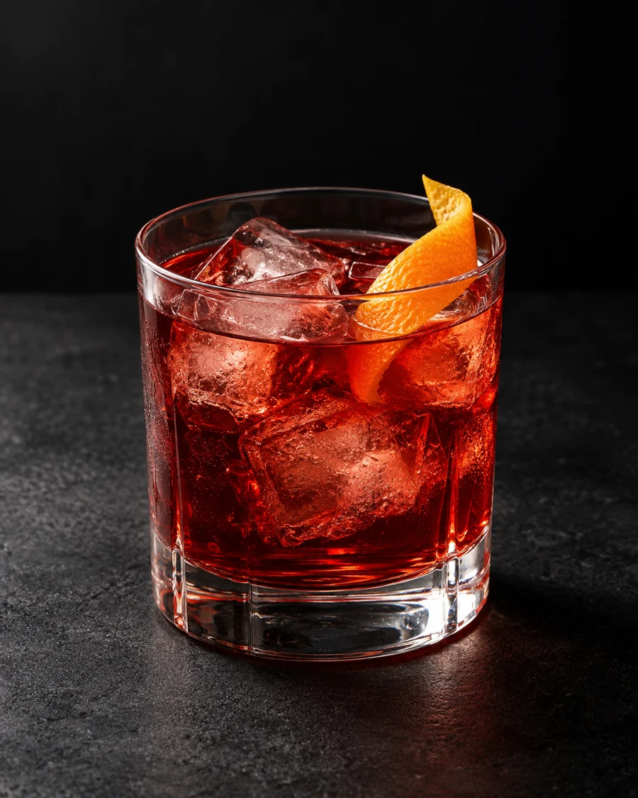 clear ruby-red Chin-Chin in a rocks glass over ice with orange twist.