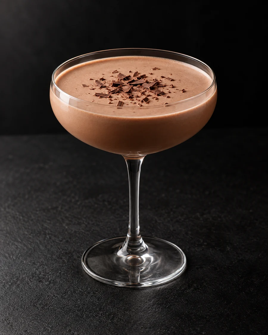 Opaque light chocolate-brown cocktail in a coupe without ice, with a small scattering of chocolate shavings.