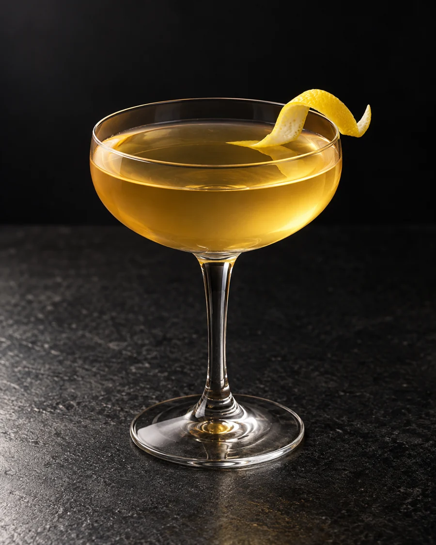 Clear pale golden Chrysanthemum in a coupe, lemon twist and no ice.