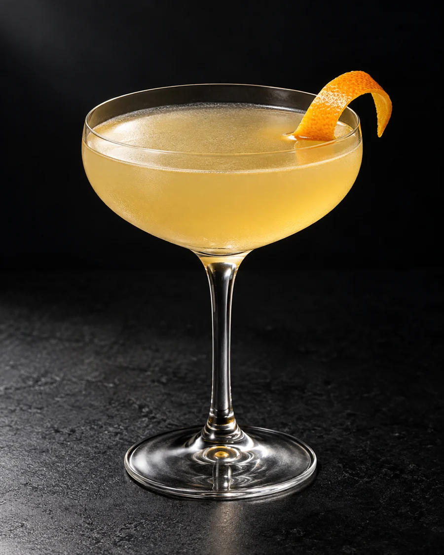 pale cloudy golden Chutes and Ladders in a large coupe with orange twist, no ice.