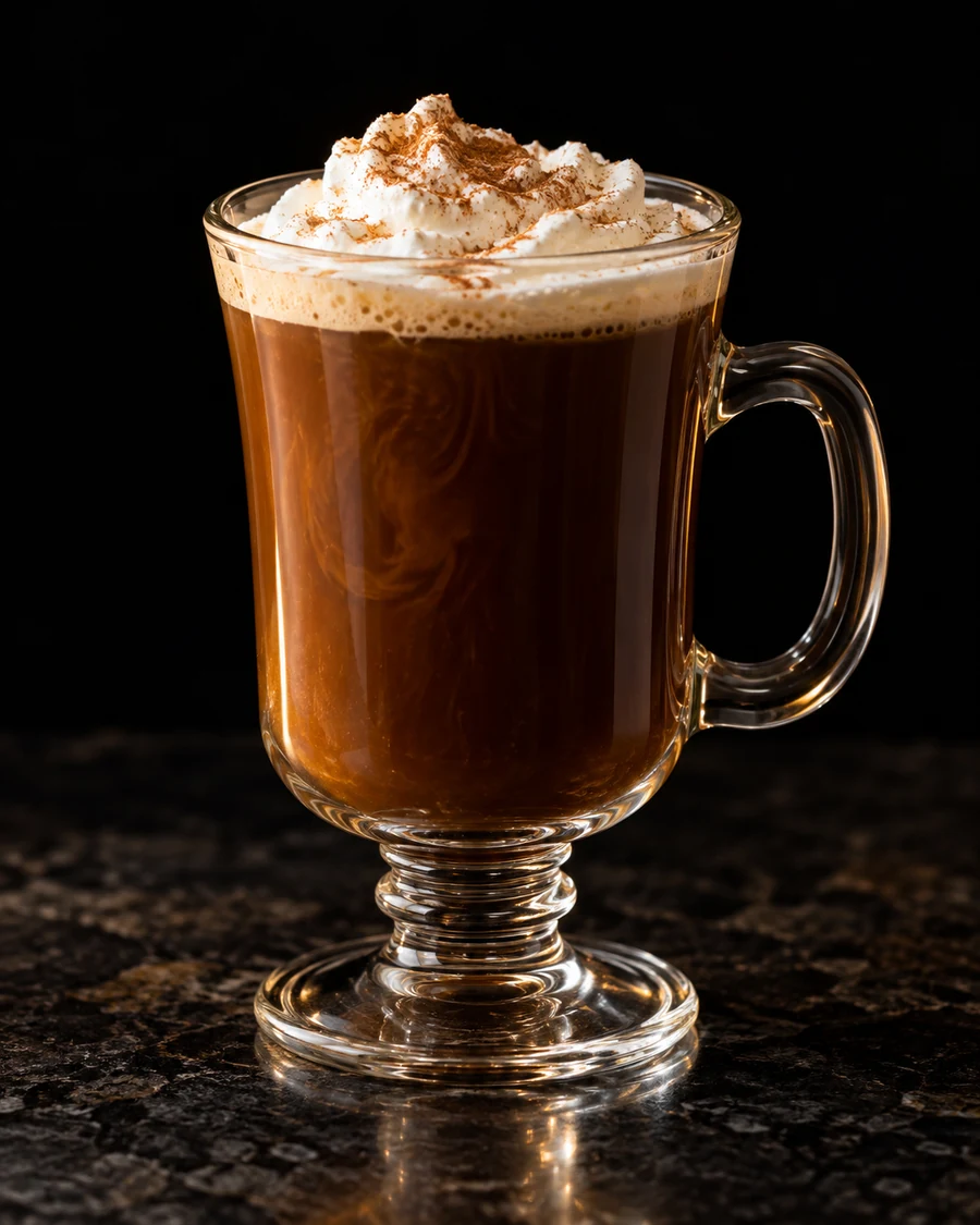 Cinnamon Irish Coffee. Clear heatproof handled mug with dark Irish coffee, a whipped-cream topping dusted with cinnamon and no ice.
