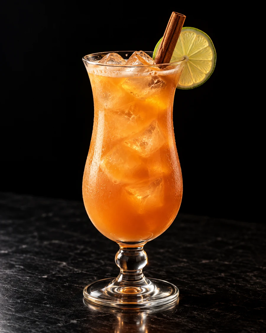 Cinnycane. Hurricane glass, fresh cubed ice, orange-gold body, lime wheel and unlit cinnamon stick.