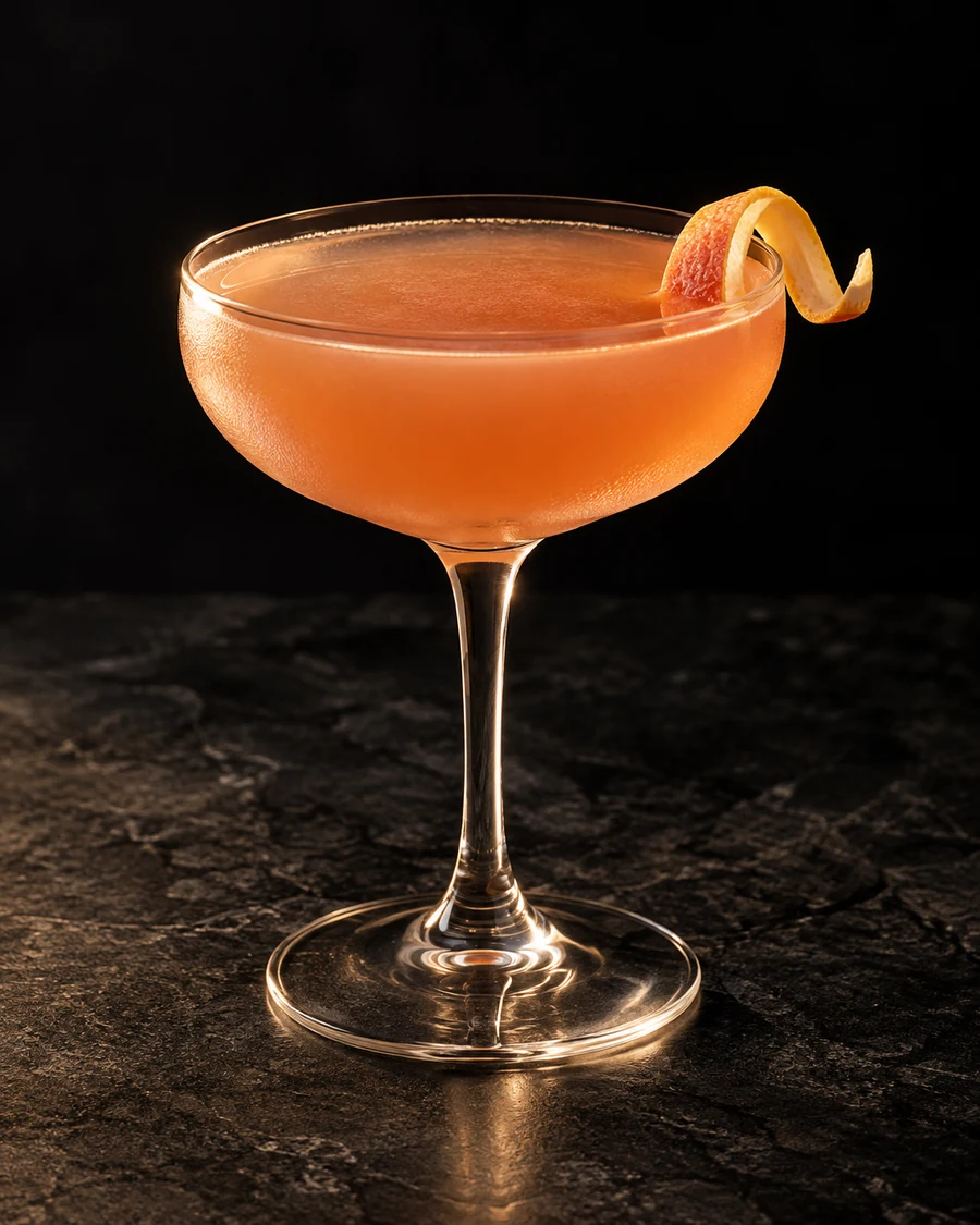 Circles And Seasons: Peach coral shaken drink in coupe, grapefruit twist, no ice.
