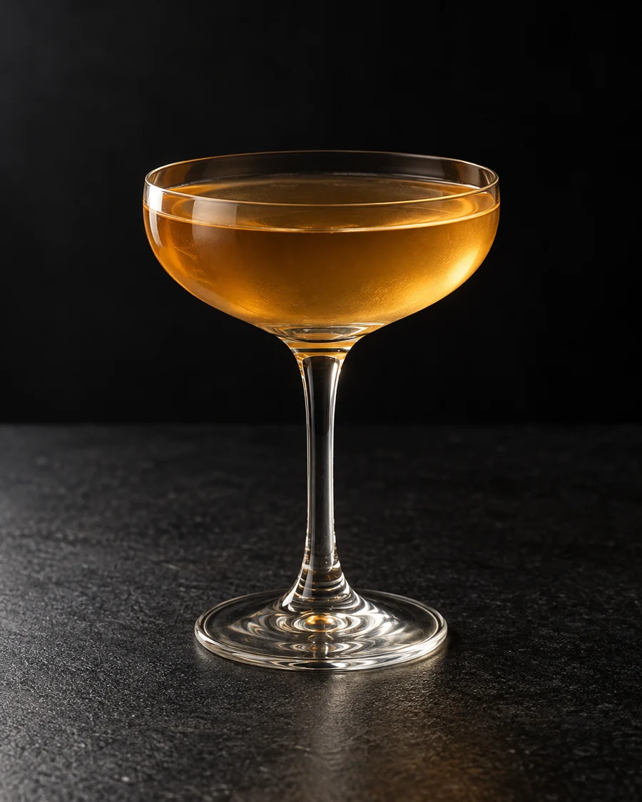 Clear pale amber Claridge Cocktail in a coupe without ice or garnish.