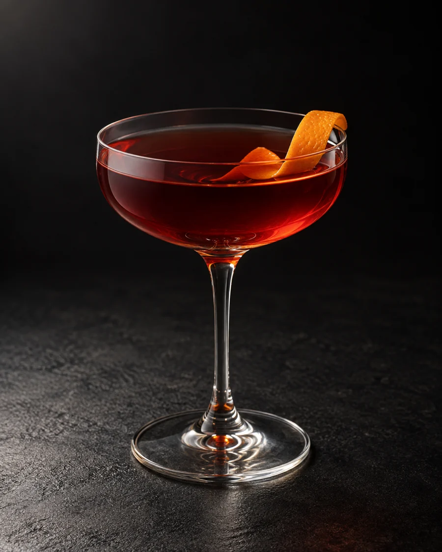 clear deep ruby Cliffhanger in a coupe with orange twist, no ice.