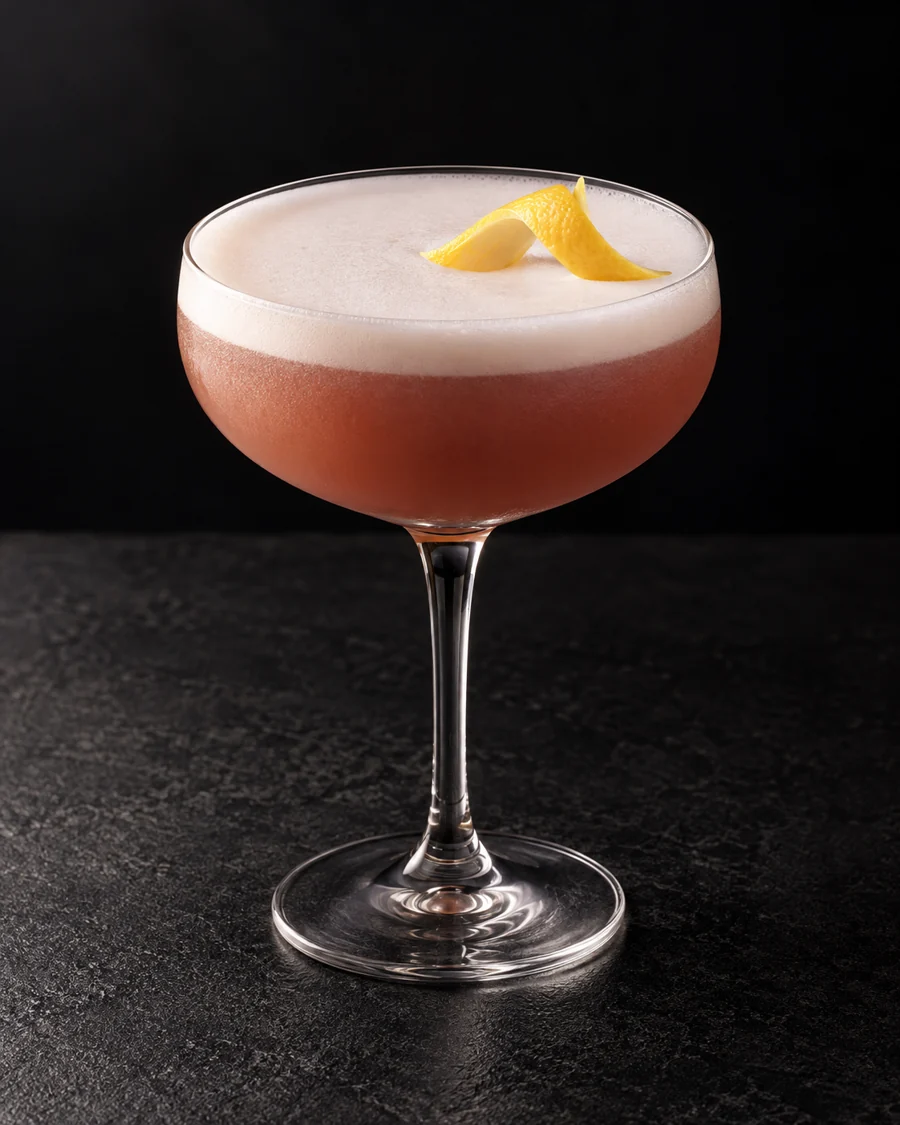 dusky rose-tan Clingstone Club with white foam in a coupe and lemon twist, no ice.