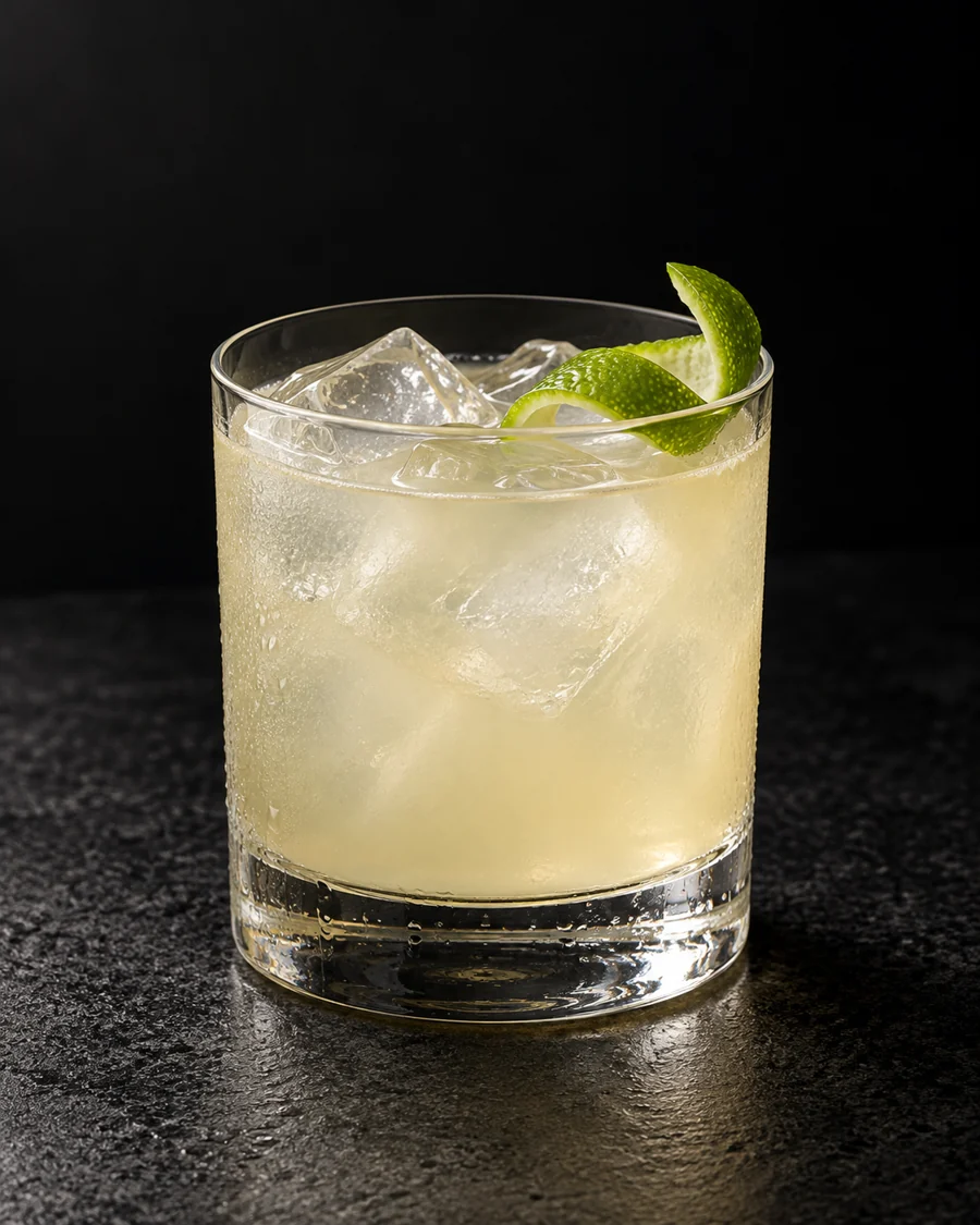 pale cloudy straw Clipper Ship in a rocks glass over ice with lime twist.