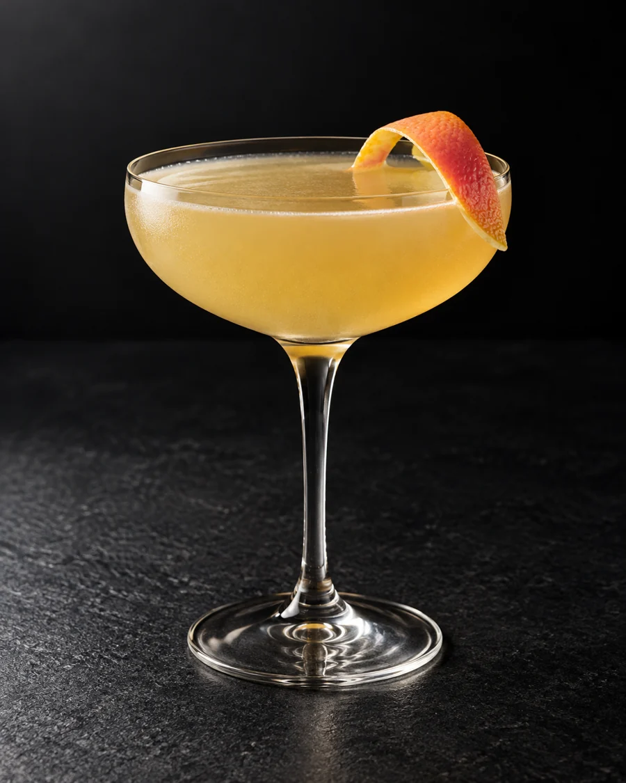 pale cloudy golden Cloister in a coupe with grapefruit twist, no ice.