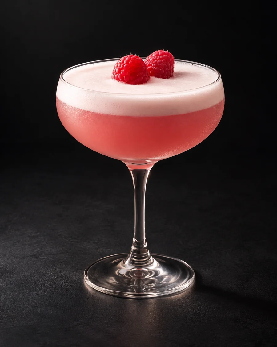 Clover Club served in a coupe glass with two fresh raspberries against a black background.