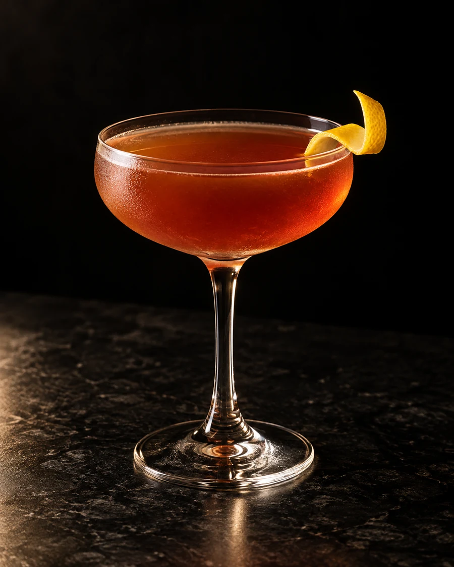 Clown Car: Red brown shaken cocktail in coupe, lemon twist and no ice.