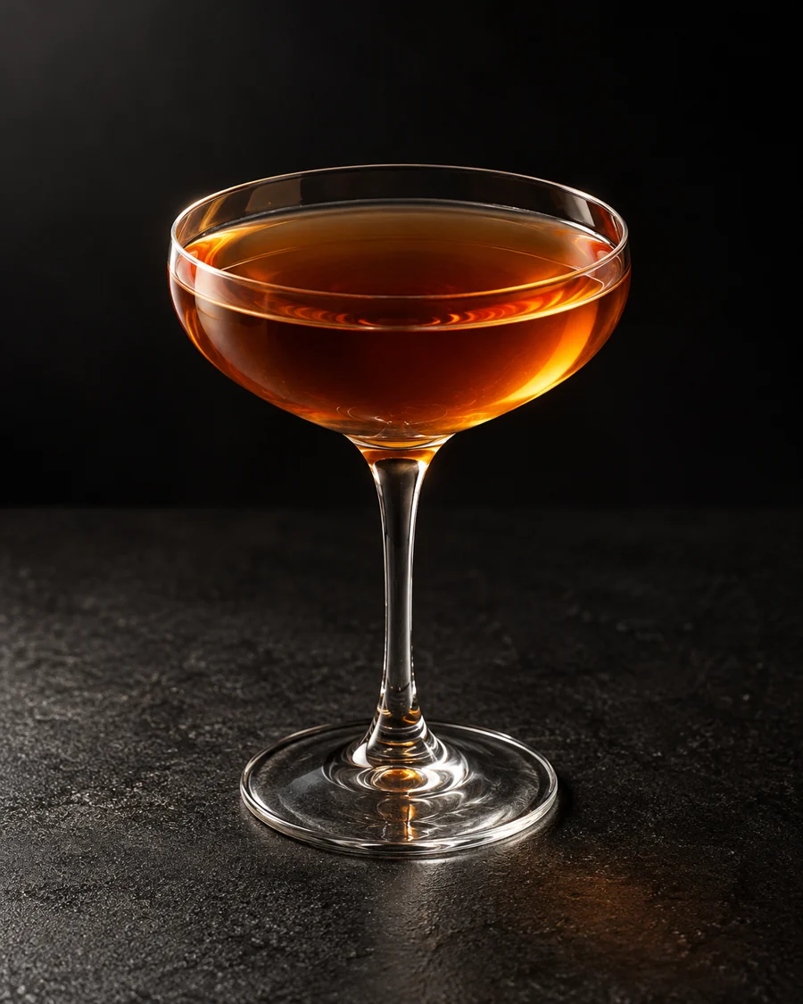 clear amber Club Cocktail in a coupe without ice or garnish.