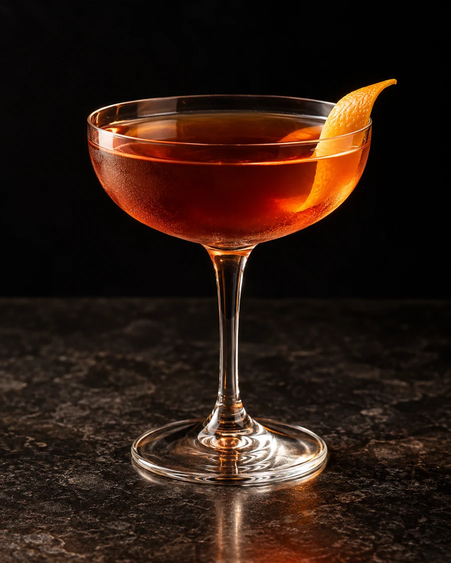 Club Garden: Amber-brown stirred drink in intact coupe, orange twist, no ice.
