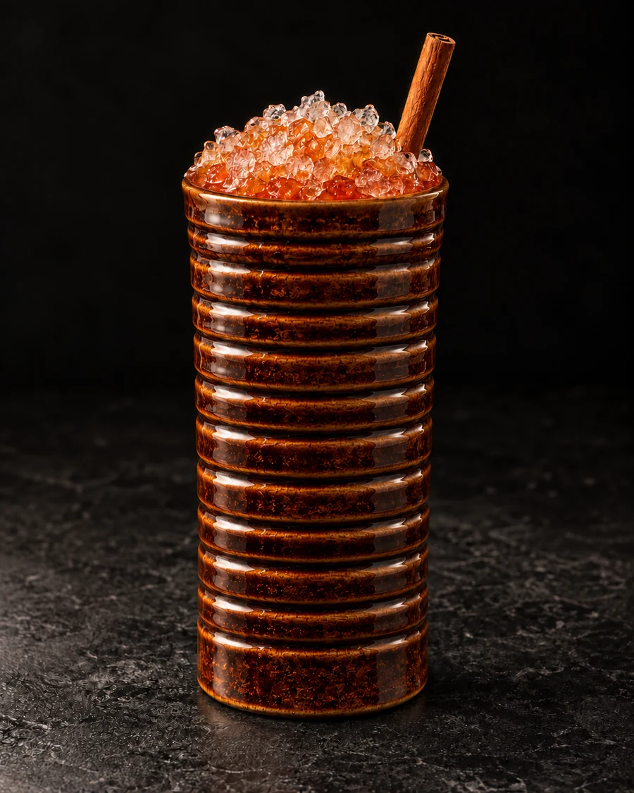 Cobra's Tail in a mug, over crushed ice, with cinnamon stick, against a black background.