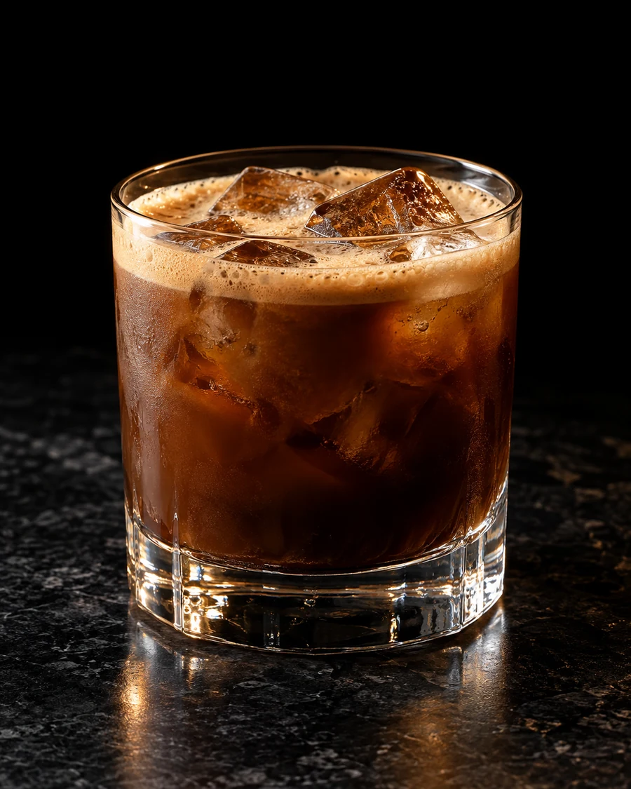 Coco & Co.. Rocks glass with cubed ice, dark coffee-coconut body, tan coffee foam and no garnish.