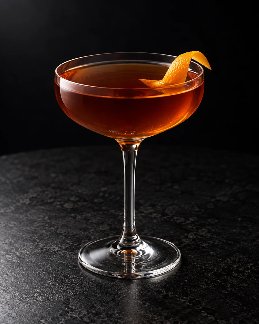 clear deep cocoa-amber Coco in New York in a coupe with orange twist, no ice.