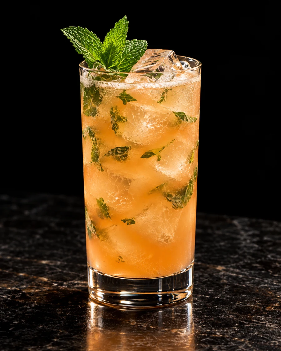 Coco Kiss Highball. Highball with cubed ice, pale peach-orange fizzy drink, mint inside and mint sprig garnish.