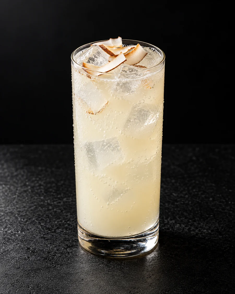 Lightly cloudy pale ivory Coconut Rum Punch in a highball with ice, bubbles and a few dried coconut chips.