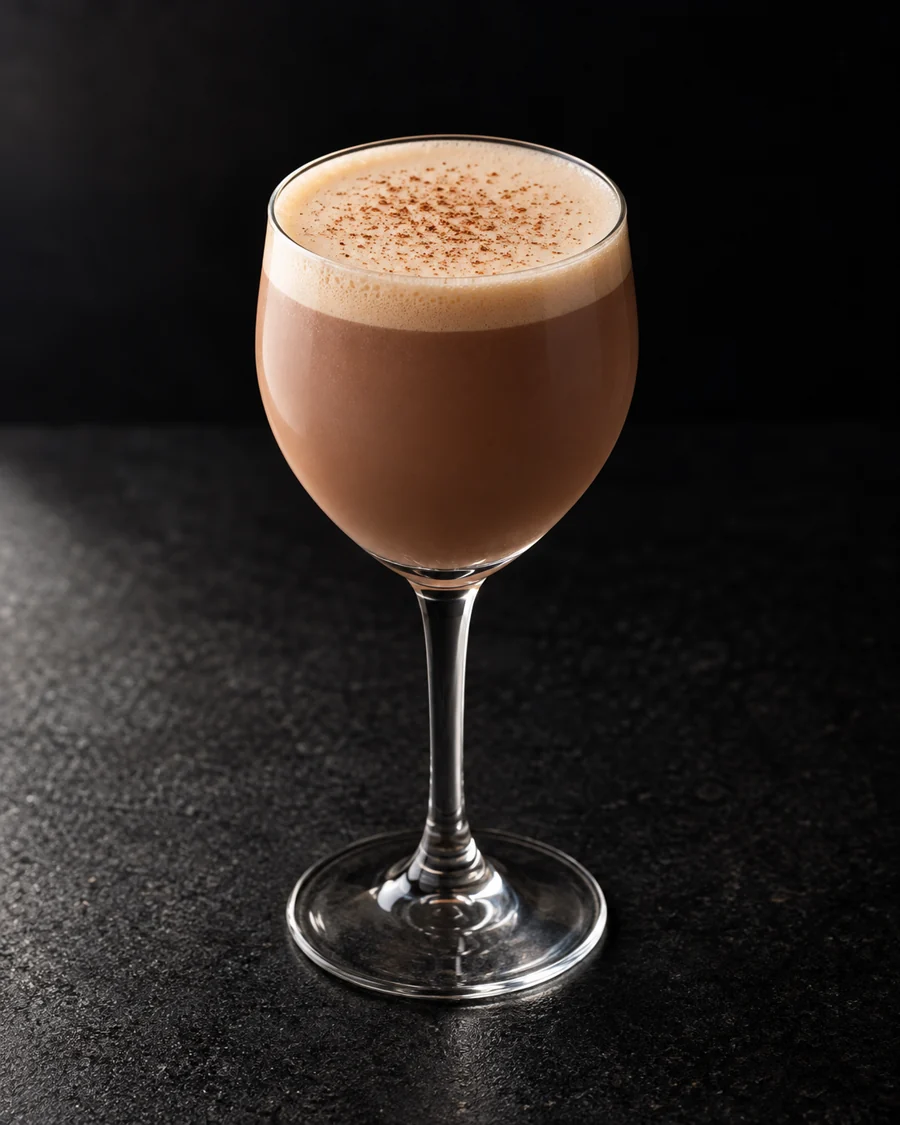 opaque pale cocoa-brown Coffee Cocktail in a small wine glass with fine foam and nutmeg dusting, no ice.