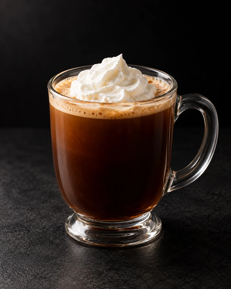 dark coffee-brown Coffee Nudge in a heatproof mug with a small white whipped-cream cap, no ice.