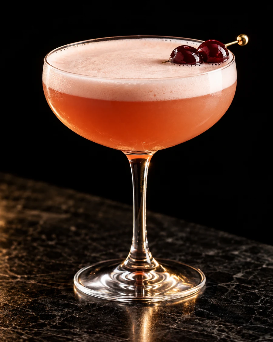 Cognac Club. Coupe glass with a rosy cognac-raspberry drink, pale pink egg-white foam, preserved cocktail cherries and no ice.