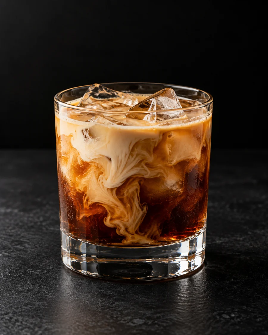 Coffee-brown Colorado Bulldog marbled with pale cream over ice in a rocks glass, no garnish.